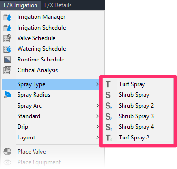 F/X Irrigation menu,, Spray Type options